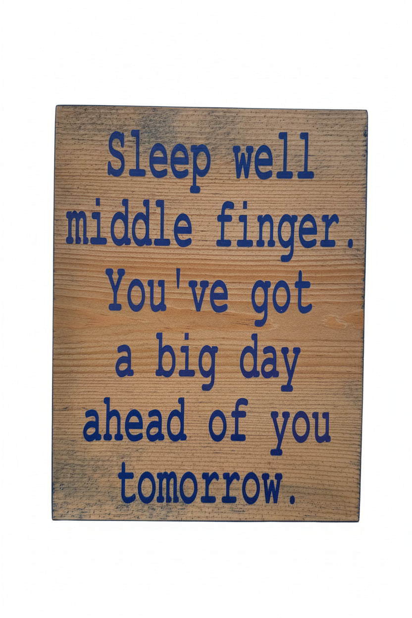 A novelty sign with a light colored face and blue font against a white background that reads 'sleep well middle finger, you've got a big day ahead of you tomorrow'