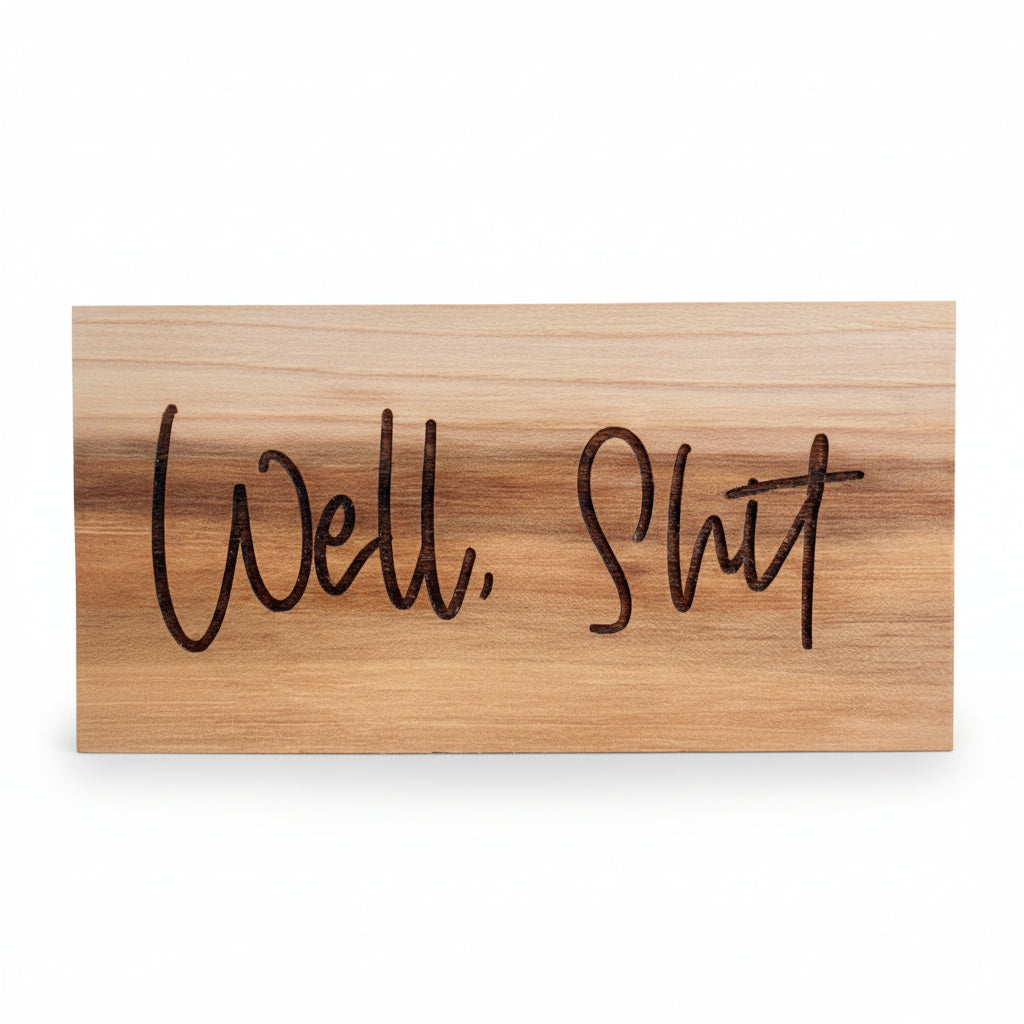 Wooden sign with 'Well, Shit' engraved on it, surrounded by greenery.